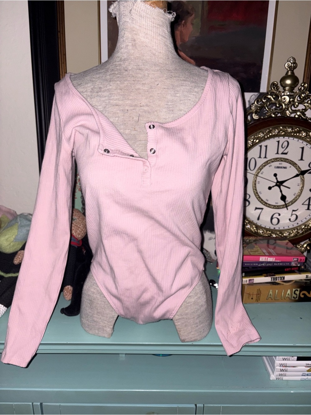 Pink Victoria’s Secret Long-Sleeve Ribbed Henley Bodysuit